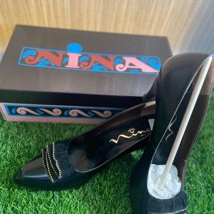 Nina Womens Election Black Leather Pointed Toe Slip On Pump Heels Size US 8N